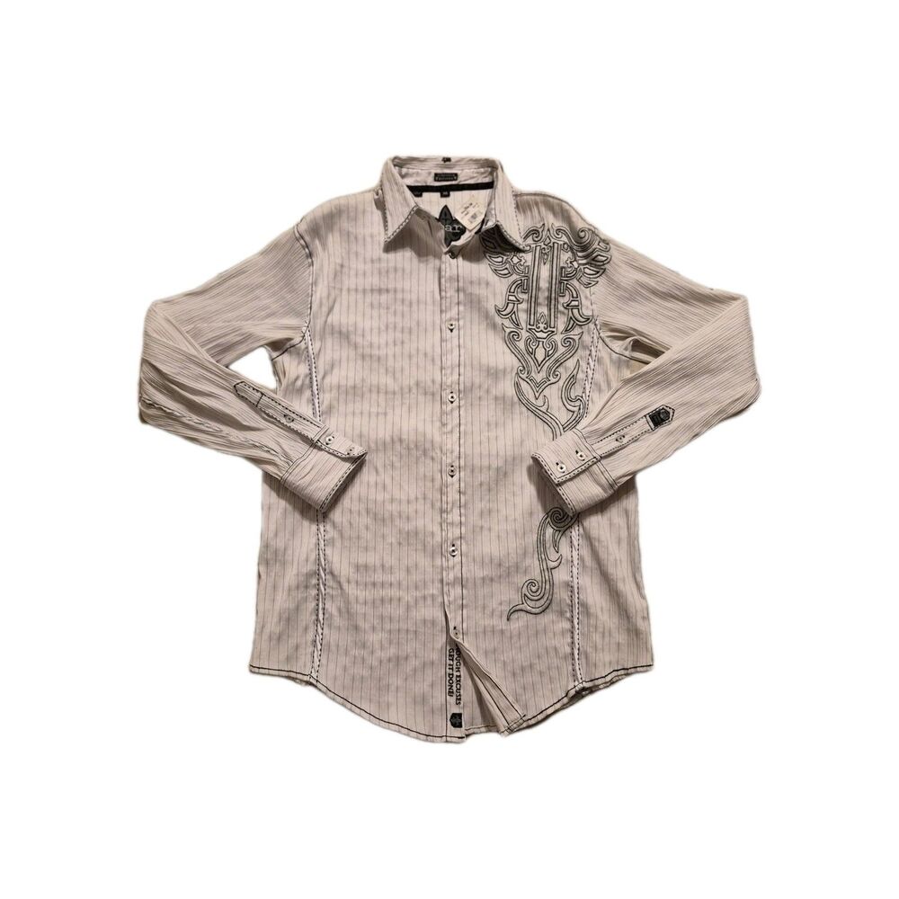 NWT Roar Buckle M White Strength Refined Embroidered Button Down Shirt Tribal